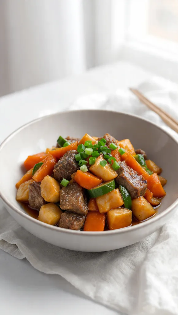 draft prompt beef stir fry with vegetables in a bo