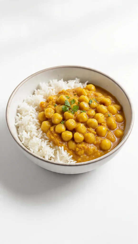 draft prompt chickpea curry in a bowl with rice qu