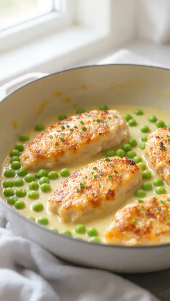 draft prompt creamy dijon chicken in a pan with pe