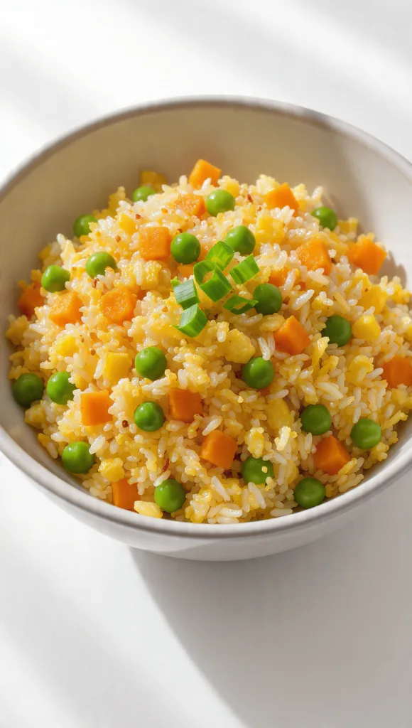 draft prompt egg fried rice with vegetables in a b