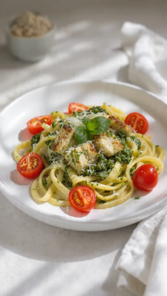 draft prompt pesto chicken pasta with tomatoes on