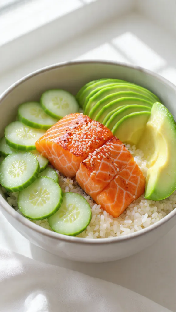 draft prompt salmon bowl with rice and avocado qui