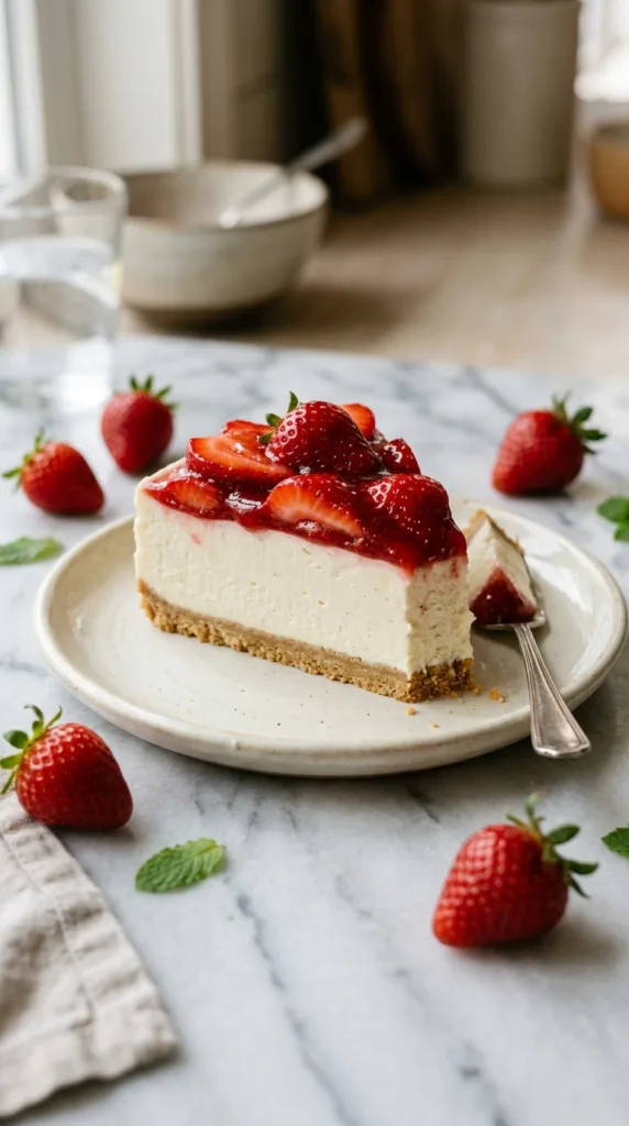 6 Easy Summer Fruit Desserts You Need to Make Right Now 5 Strawberry cheesecake on ceramic… 202604302142 1