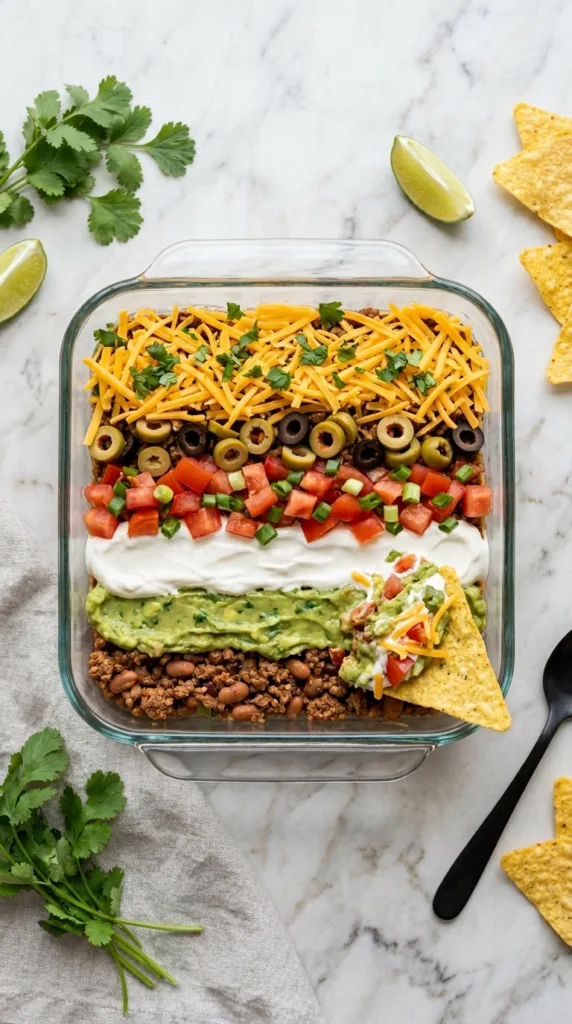 Glass dish with 7 layer dip 202605011951