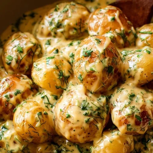 Baby potatoes cooked in rich garlic sauce, perfect for side dishes.