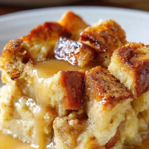 Delicious bread pudding served with vanilla caramel sauce