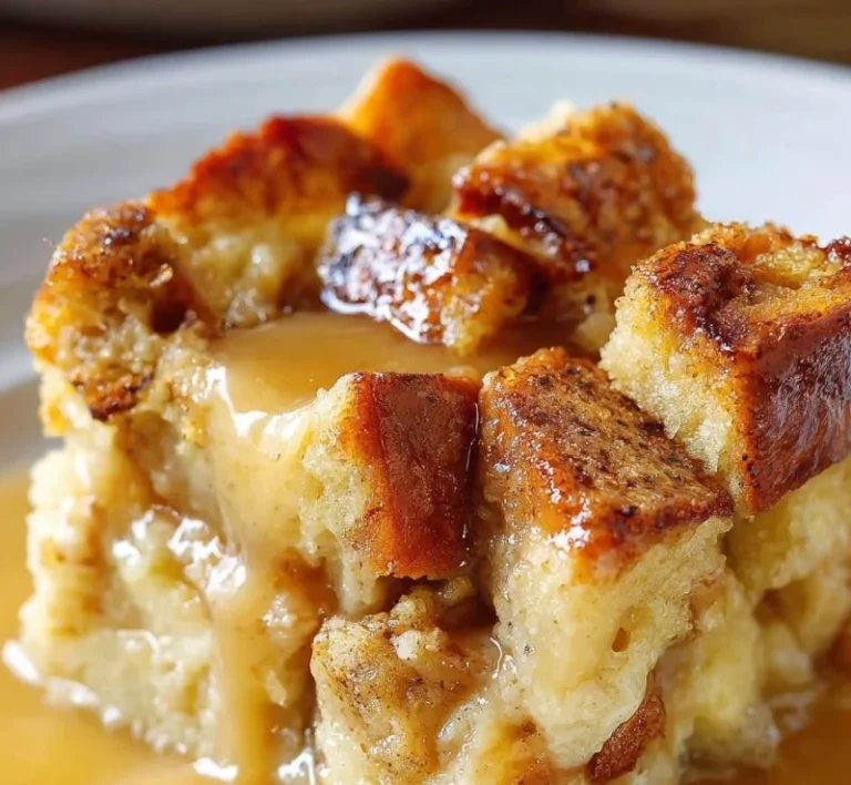 Delicious bread pudding served with vanilla caramel sauce