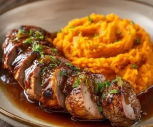 Pork tenderloin with apple cider glaze served with sweet potato mash