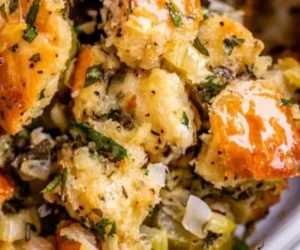 Traditional Thanksgiving stuffing made with herbs and bread for a festive meal