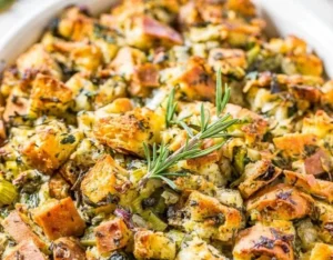 Traditional Thanksgiving stuffing served with turkey on a festive table.